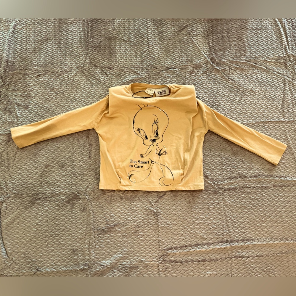 Zara Girls' Looney Tunes Tweety Bird Cropped Puff Shoulder Shirt (6) 💛🩵✨